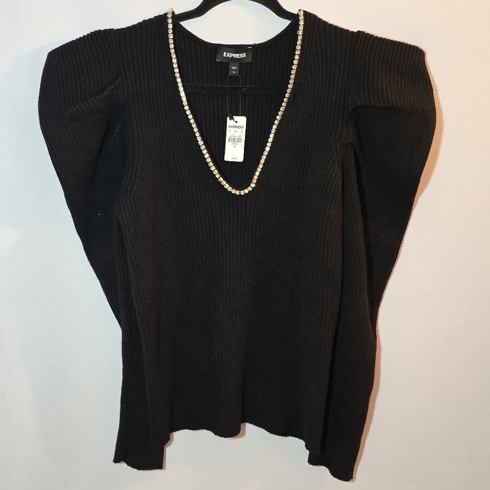 NWT Express Puff Sleeve Ribbed V Neck Rhinestone Trim Long Sleeve Top,sz XL